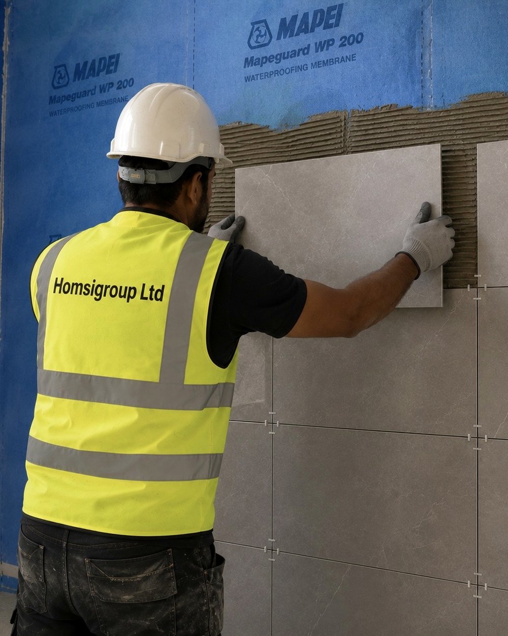 A Homsigroup Ltd tiler installing large-format wall tiles over a waterproofing membrane